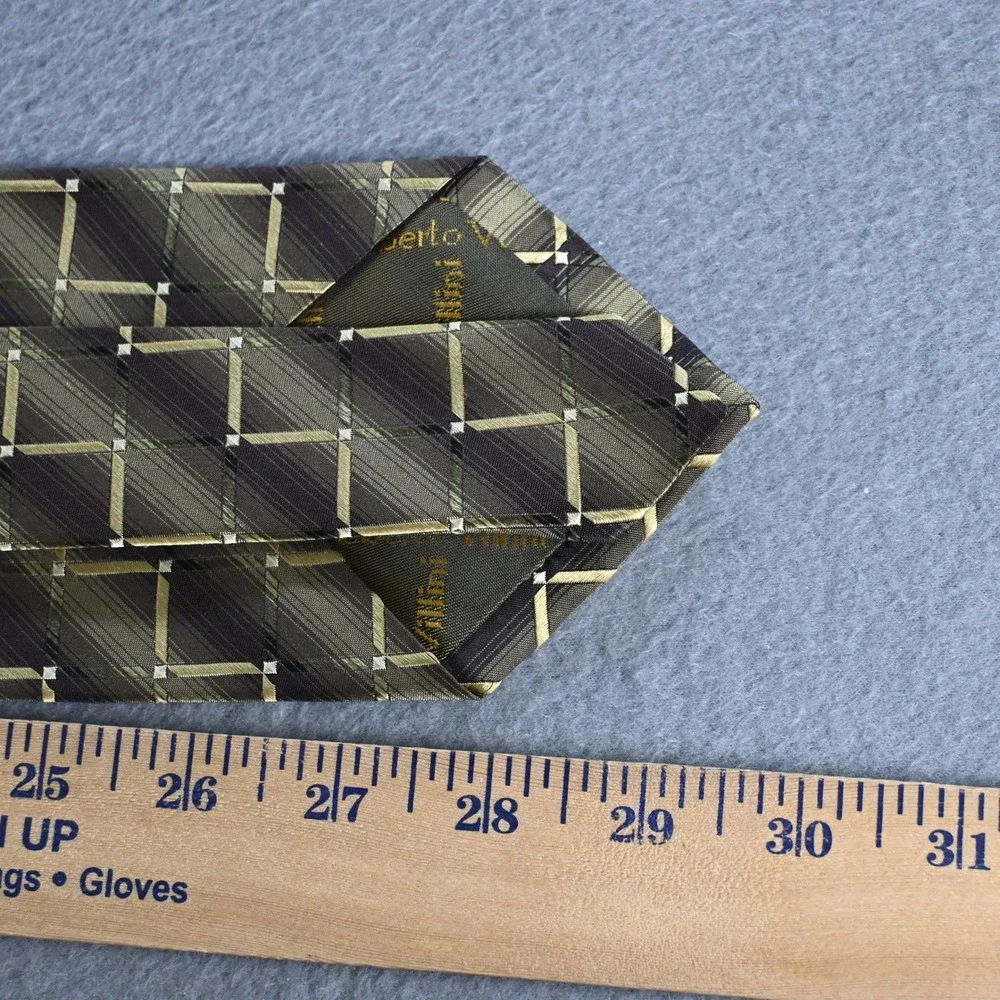 Roberto Villini Mens Collezione Geometric Plaid Silk Necktie OS Brown‎ Gold